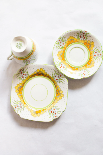 Melba Bone China Springtime Daffodil Pattern Floral Teacup and Saucer Trio