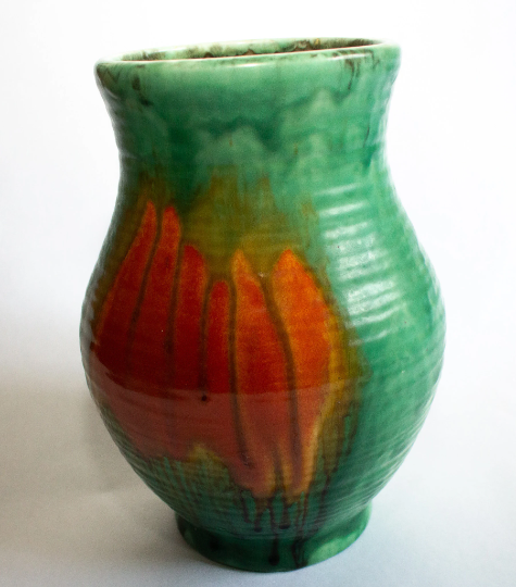 Crown Ducal Ware Large Ribbed Dripware Green and Orange Art Deco Vase