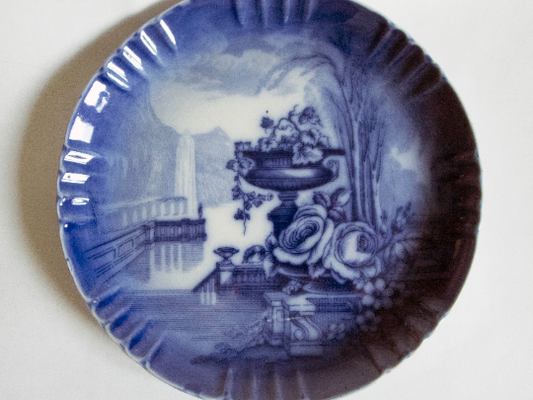 Antique Flow Blue and White Cabinet Plate with Classical Vase Motif and Fluted Edge