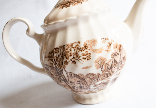 Vintage Brown and White Transferware Teapot