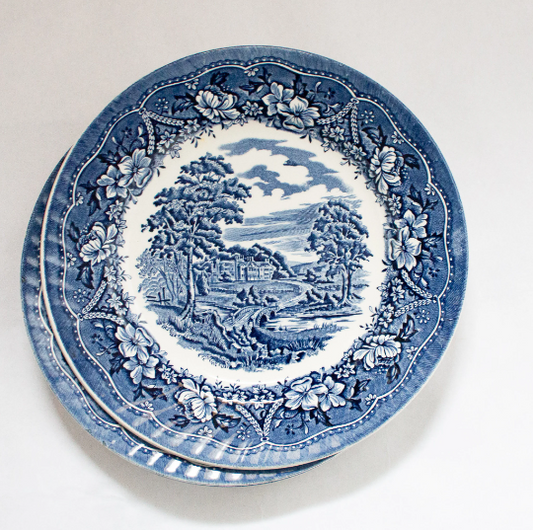 Barratts 'Old Castle' Pattern Blue and White Transferware 9 " Plates (4)