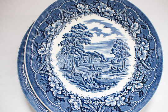 Barratts 'Old Castle' Pattern Blue and White Transferware 9 " Plates (4)