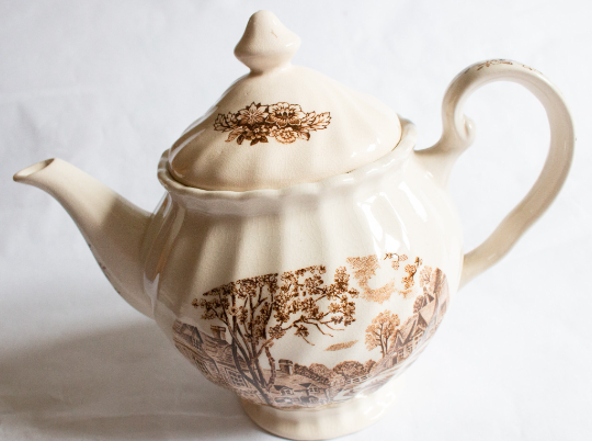 Vintage Brown and White Transferware Teapot