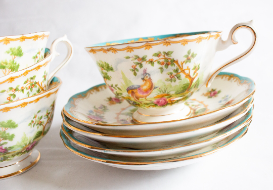 Royal Albert 'Chelsea Bird' Bone China Teacups and Saucers with Blue and Exotic Bird Detail (4)