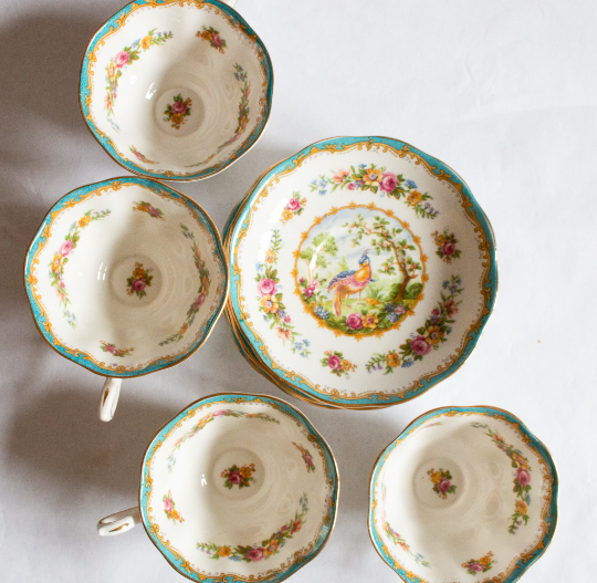 Royal Albert 'Chelsea Bird' Bone China Teacups and Saucers with Blue and Exotic Bird Detail (4)