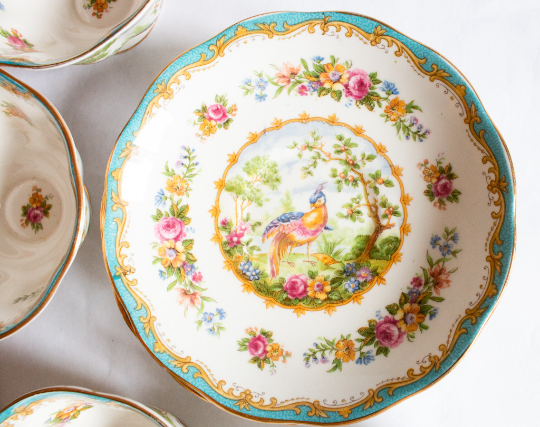 Royal Albert 'Chelsea Bird' Bone China Teacups and Saucers with Blue and Exotic Bird Detail (4)