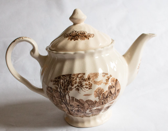 Vintage Brown and White Transferware Teapot