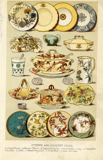 Antique Ceramics Illustration 'Dinner and Dessert China' Mrs. Beeton