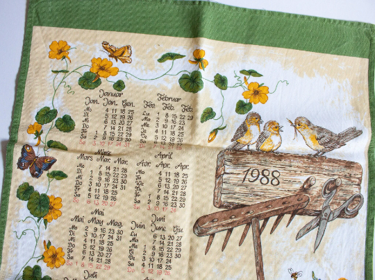 Vintage 1988 Calendar Tea Towel with Gardening and Wildlife Print