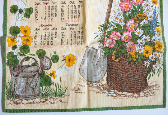 Vintage 1988 Calendar Tea Towel with Gardening and Wildlife Print