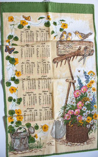 Vintage 1988 Calendar Tea Towel with Gardening and Wildlife Print