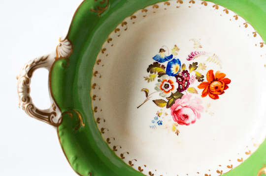 Large Green and Gilt Antique Comport or Cake Stand with Floral Detail